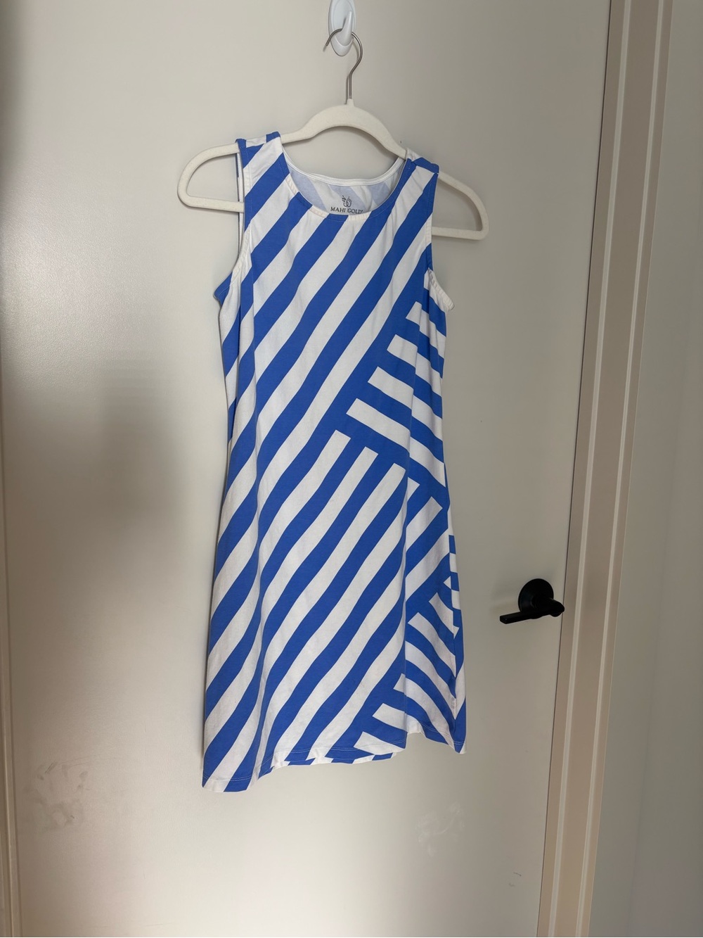 Mahi Gold Blue & White Striped Sleeveless Dress Coastal Preppy Cotton Small